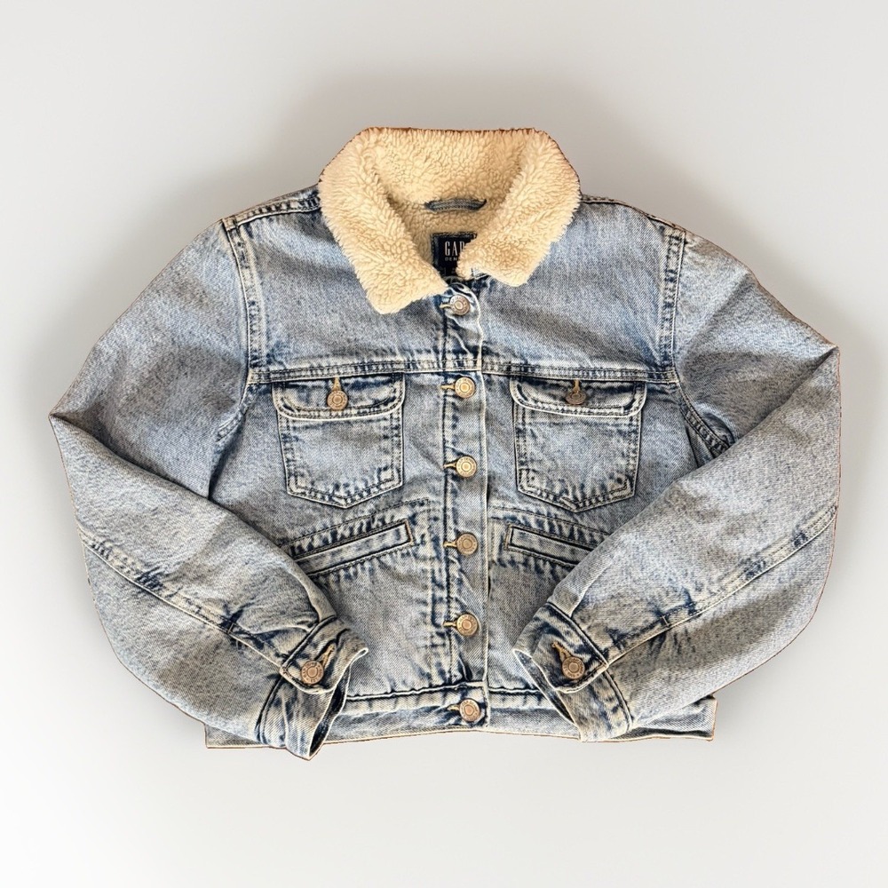 Kids Sherpa Lined Denim Trucker Jacket GAP Size XL (12) Blue Jean Button Up